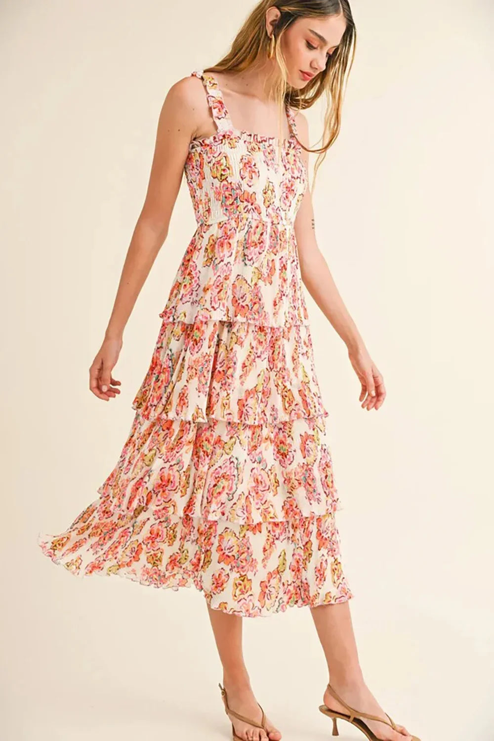 Ruffle Strap Smocked Floral Print Tiered Ruffle Hem Midi Dress - Tasha Apparel Wholesale