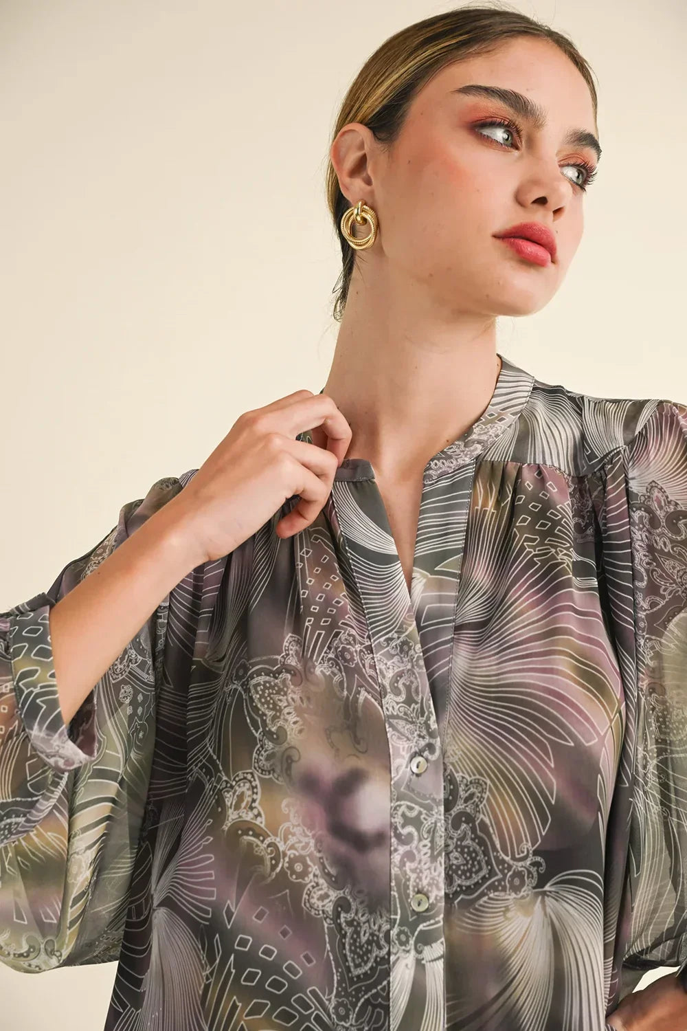 Oversized Abstract Semi-Sheer Lantern Long Sleeves Relaxed Boho Chiffon Blouse - Tasha Apparel Wholesale