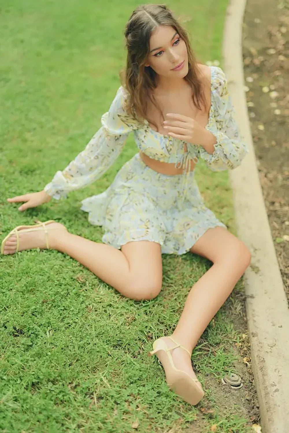 Long Sleeve Tie Front Crop Top White Green Floral Print Smocked Mini Skirt Set - Tasha Apparel Wholesale