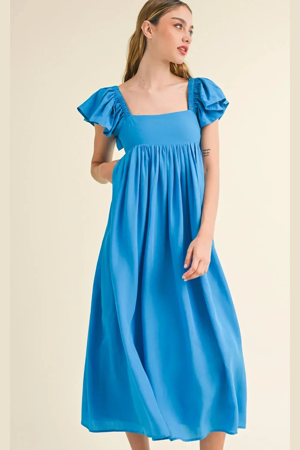 Bright Blue Flutter Sleeve Square Neck Smocked Midi Dress - Tasha Apparel Wholesale