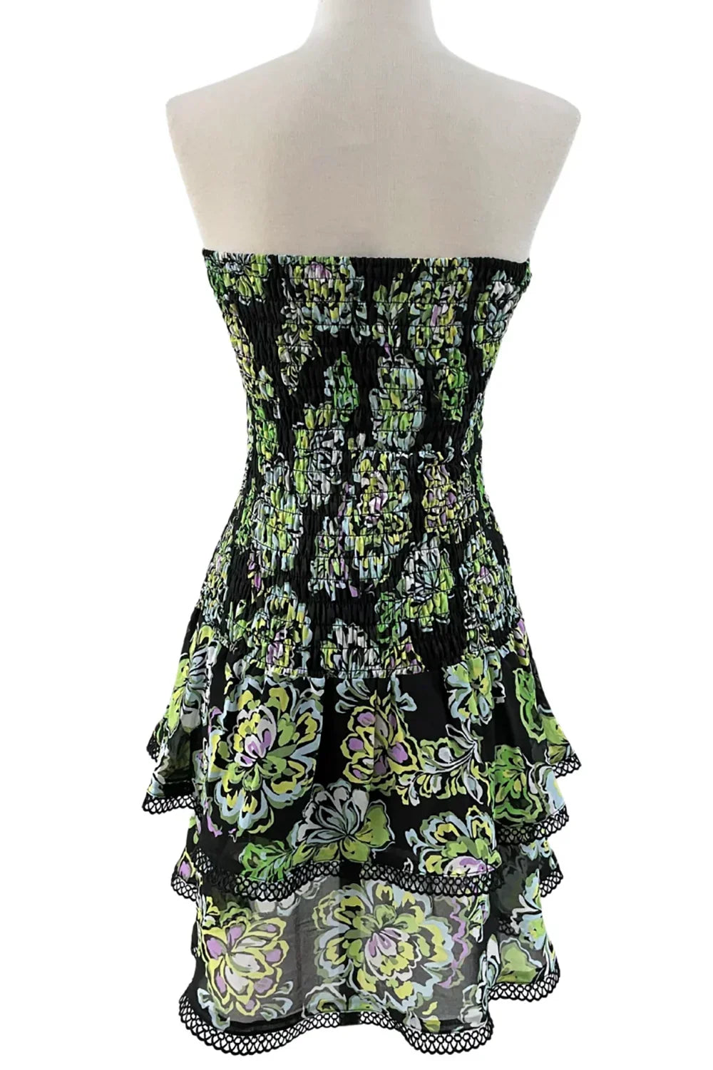 Tropical Floral Strapless Smocked Bodice Multi-Tiered Ruffle Mini Dress with Lace Trim - Tasha Apparel Wholesale
