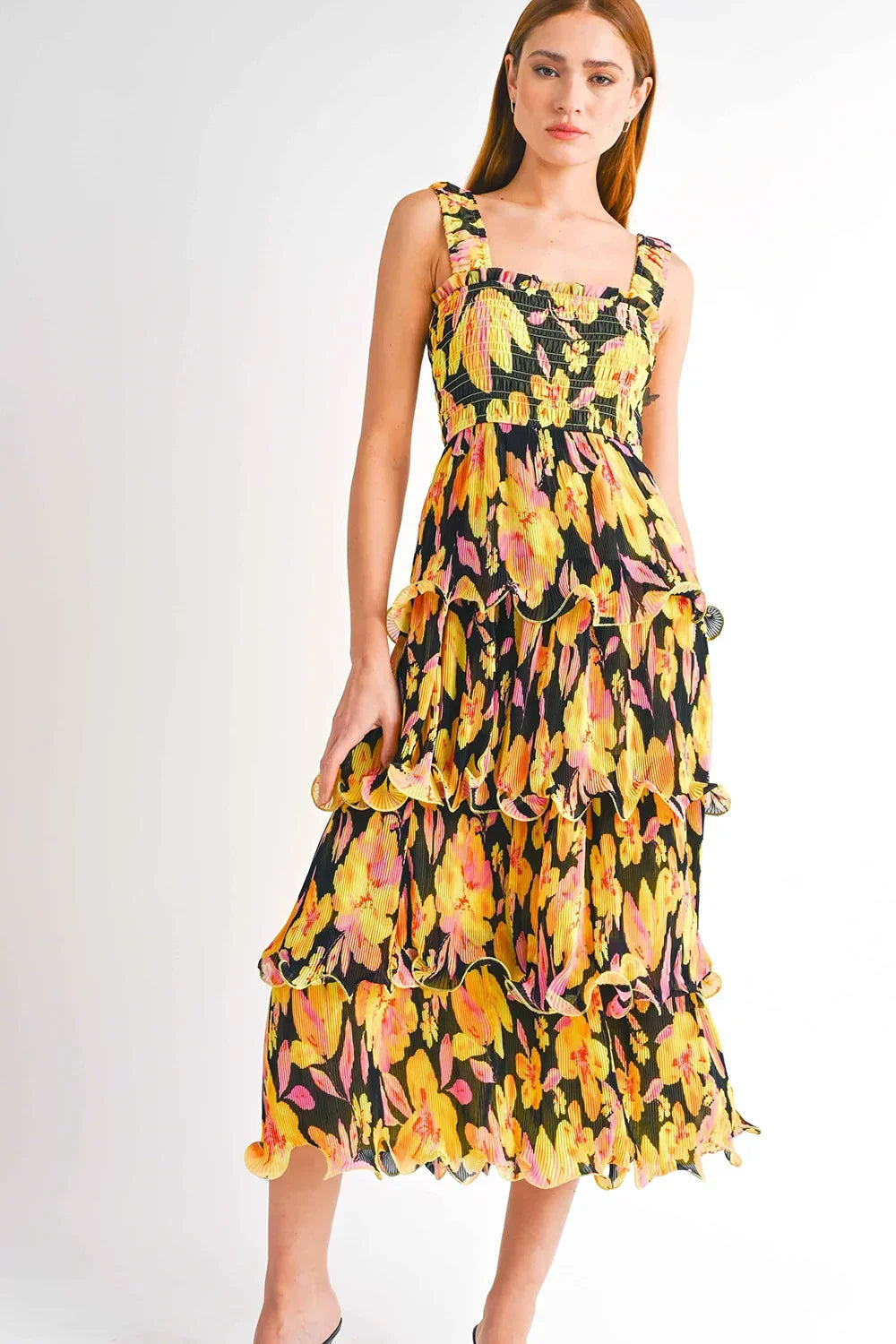 Smocked Wide Strap Black Yellow Floral Print Pleated Tiered Ruffle Midi Dress - Tasha Apparel Wholesale