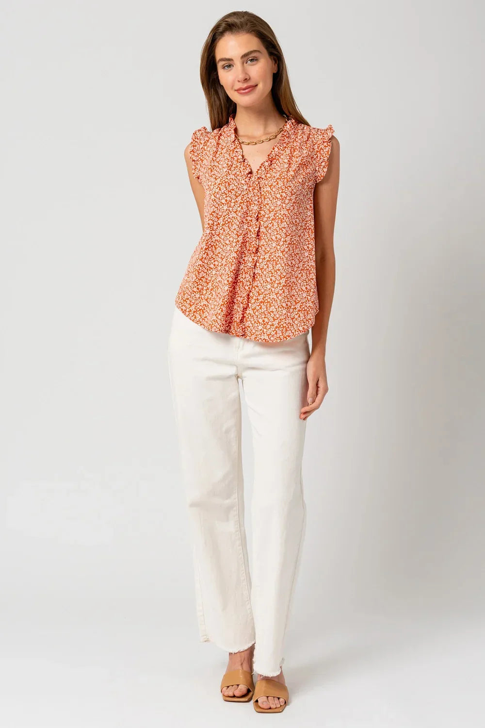 Floral Print Ruffle Trim Button Front Sleeveless Orange Summer Blouse - Tasha Apparel Wholesale