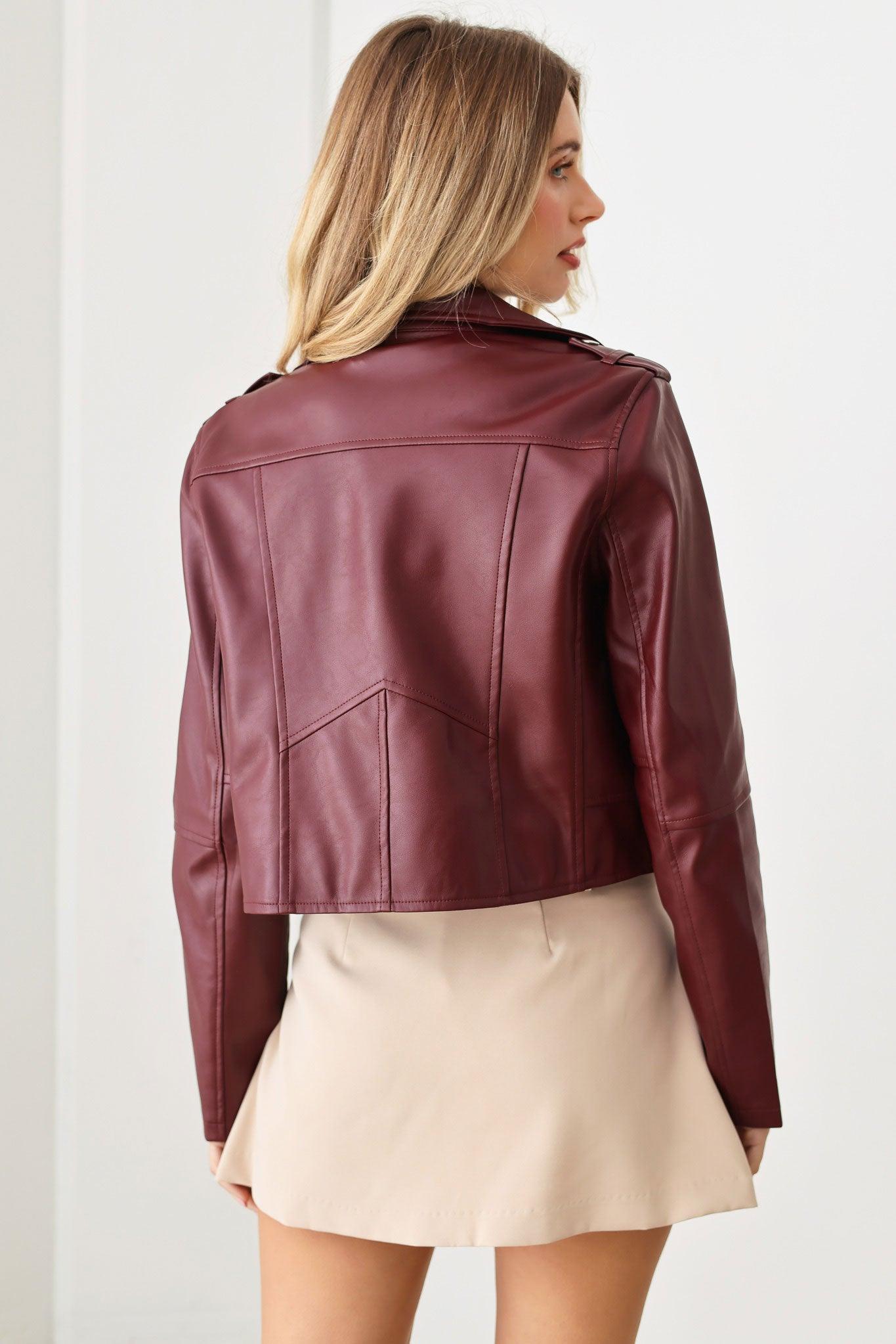 Faux Leather Collar Plain Zipper Biker Jacket - Tasha Apparel Wholesale