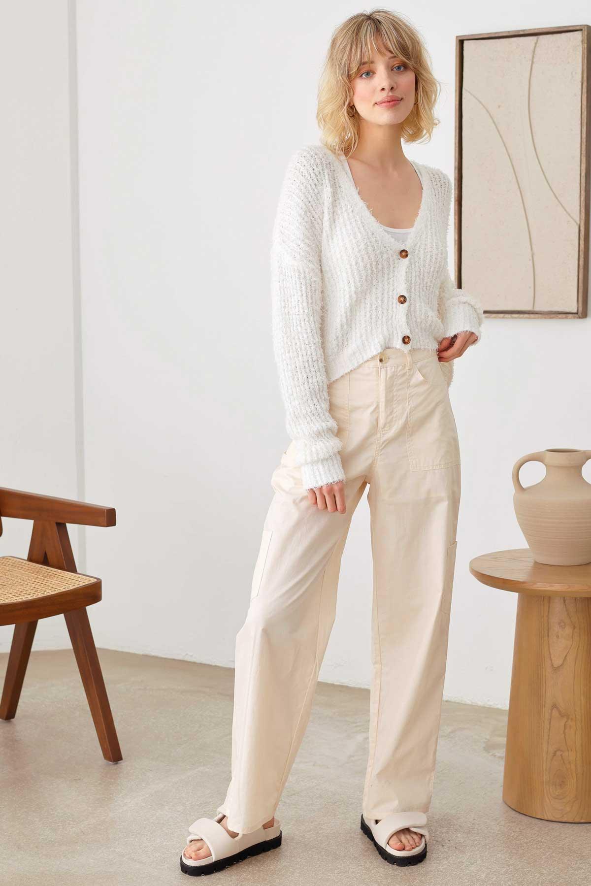 Fuzzy Button Up Long Sleeve Crop Cardigan Top - Tasha Apparel Wholesale