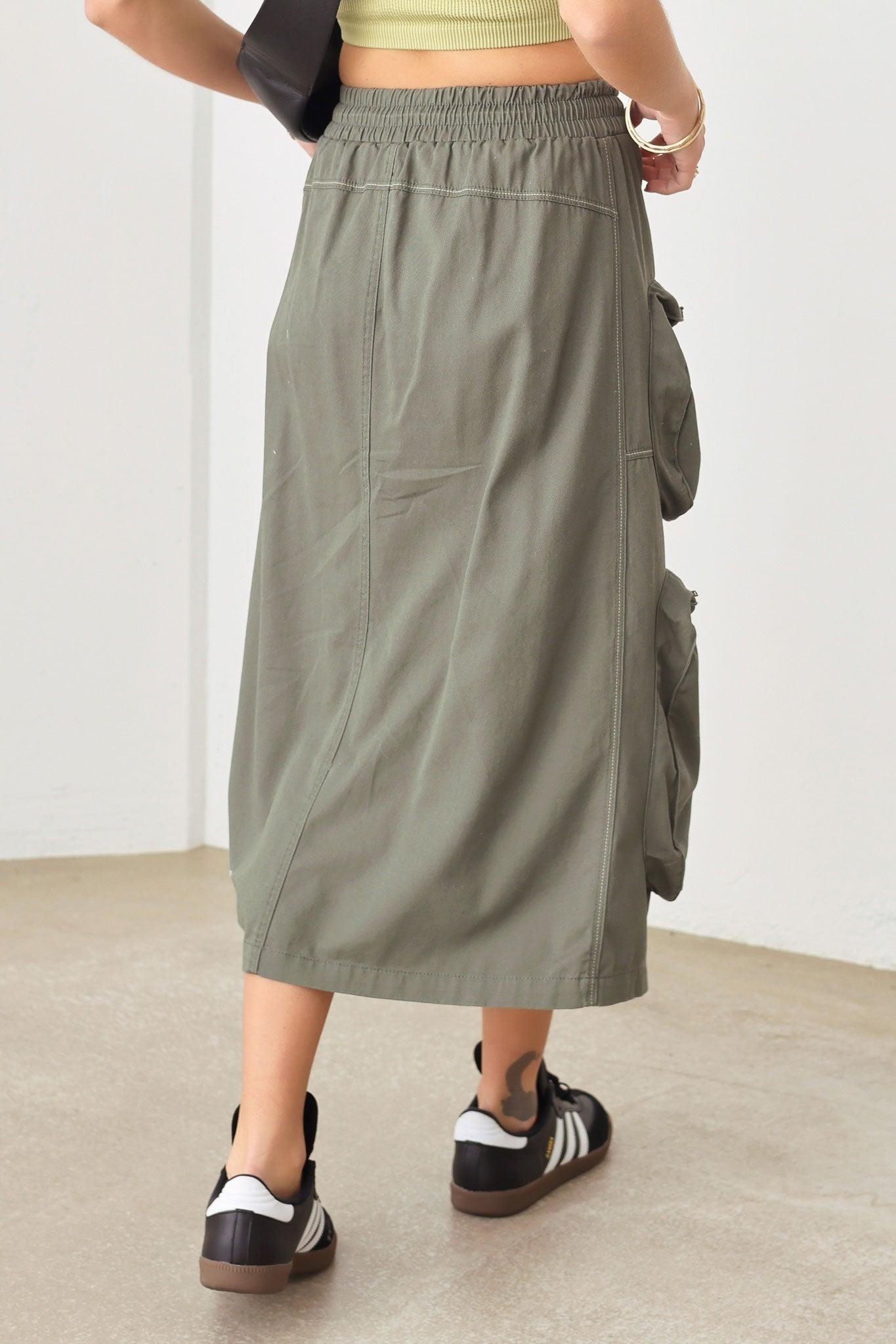 Bungee Cord Detail Four Front Pocket Leg Slit Cargo Midi Skirt - Tasha Apparel Wholesale