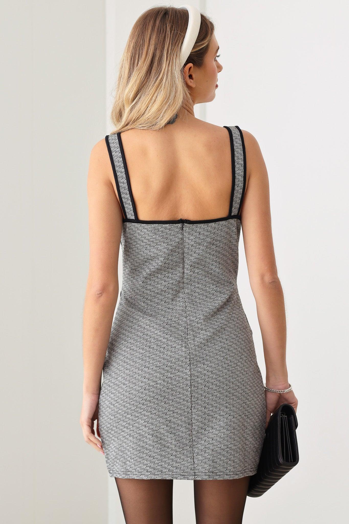 Sparkle Tweed Binding Detail Square Neckline Sleeveless Mini Dress - Tasha Apparel Wholesale