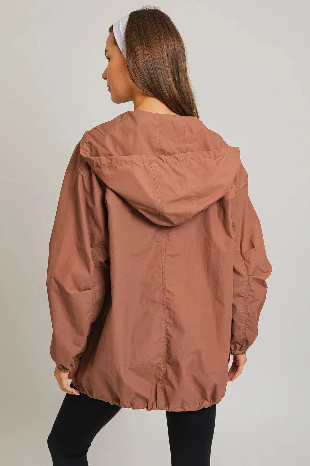 Oversized Front Pocket Drawstring Nylon Windbreaker - Tasha Apparel Wholesale