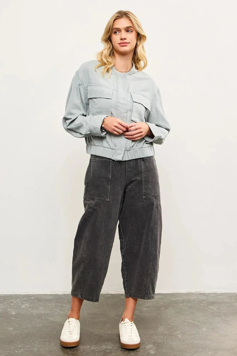 Chic Lightweight Soft Utility Pocket Elastic Hem Bomber Jacket - Tasha Apparel Wholesale