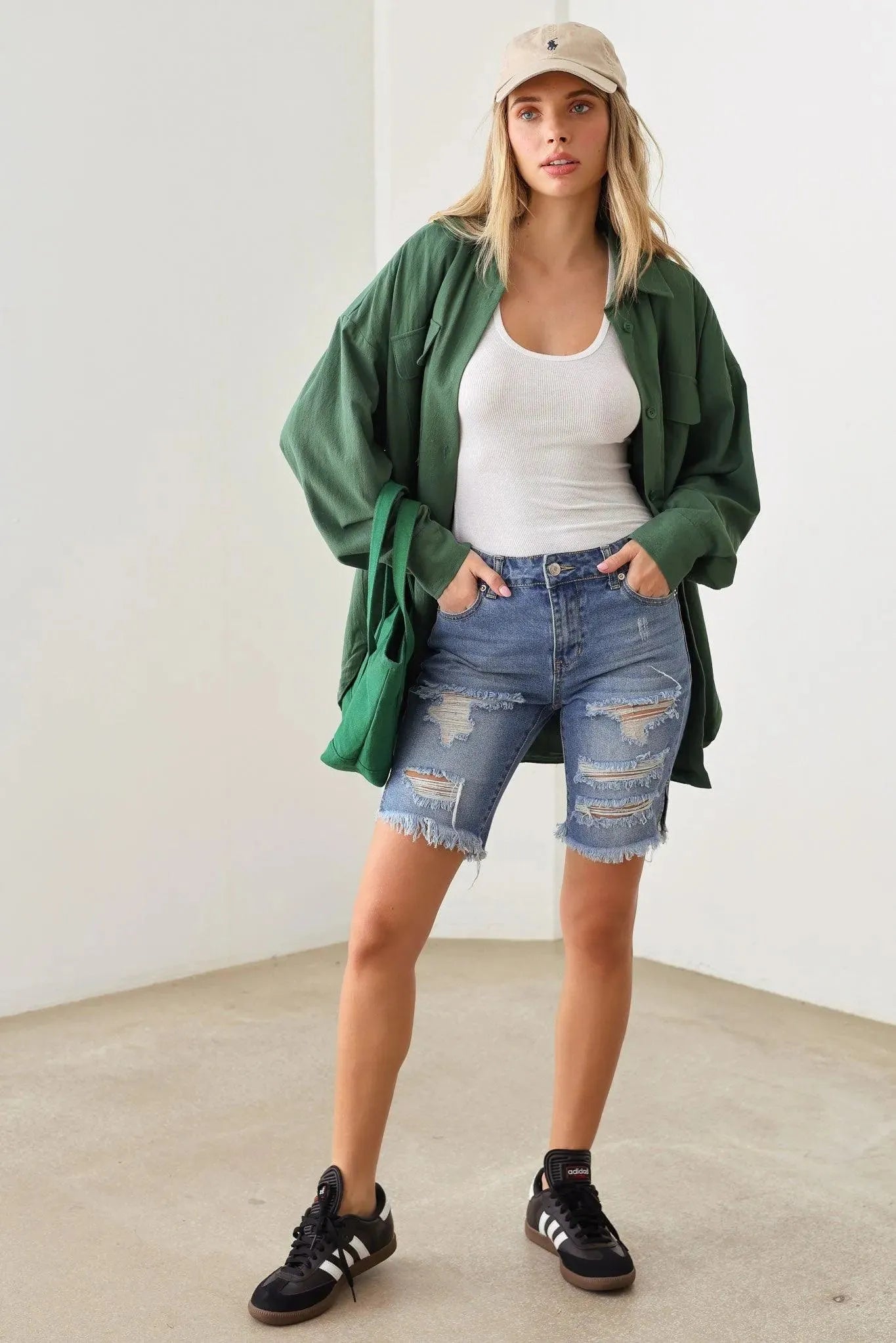 Medium Wash Distressed Raw Hem Bermuda Stretch Denim Shorts - Tasha Apparel Wholesale