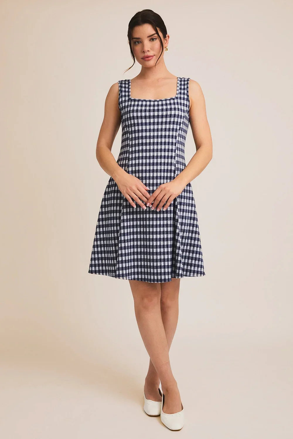 Gingham Print Square Neck Sleeveless Fit and Flare Navy Summer Mini Dress - Tasha Apparel Wholesale