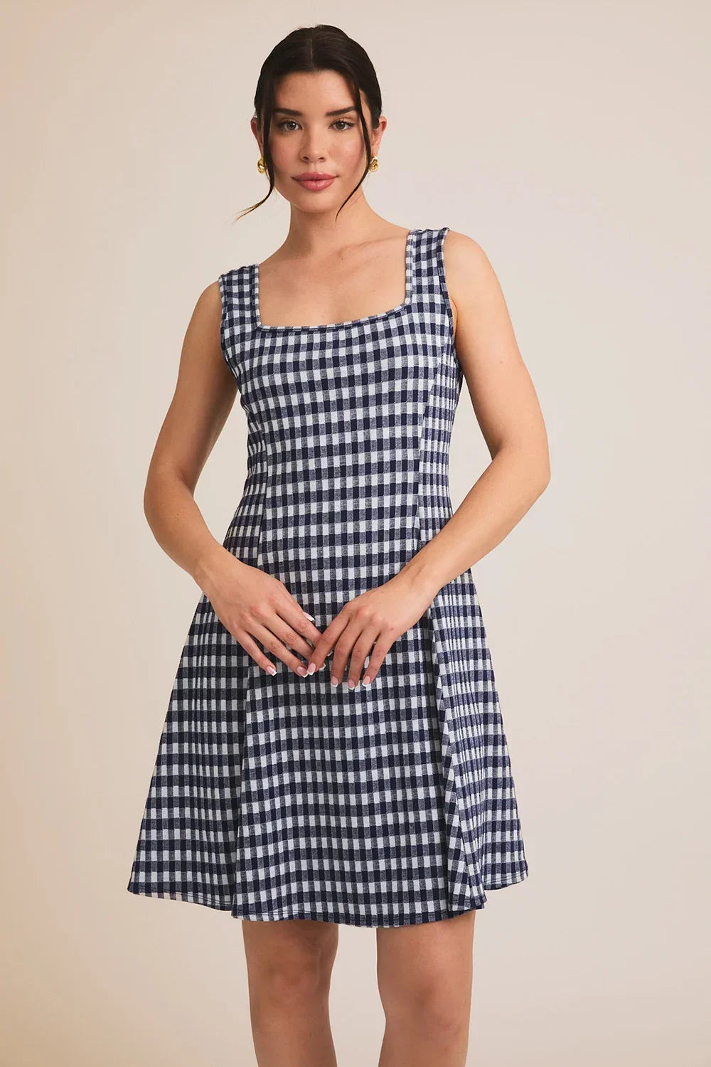 Gingham Print Square Neck Sleeveless Fit and Flare Navy Summer Mini Dr
