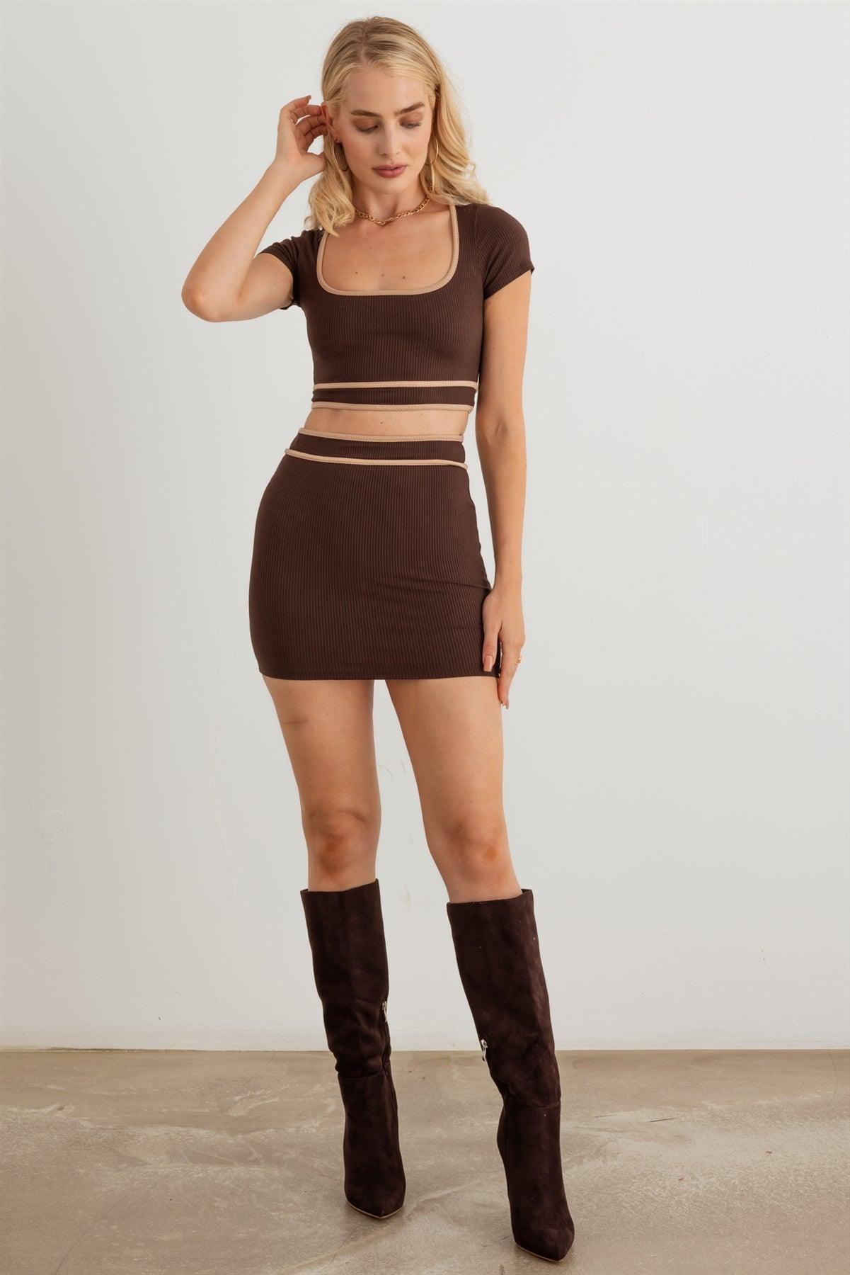 Choco & Sand Ribbed Short Sleeve Crop Top & High Waist Mini Skirt Set /2-2-2