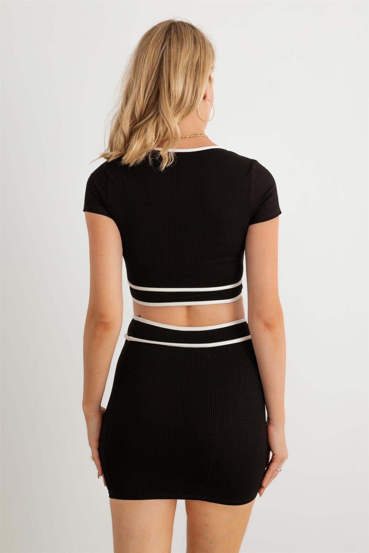 Black & White Ribbed Short Sleeve Crop Top & High Waist Mini Skirt Set /2-2-2