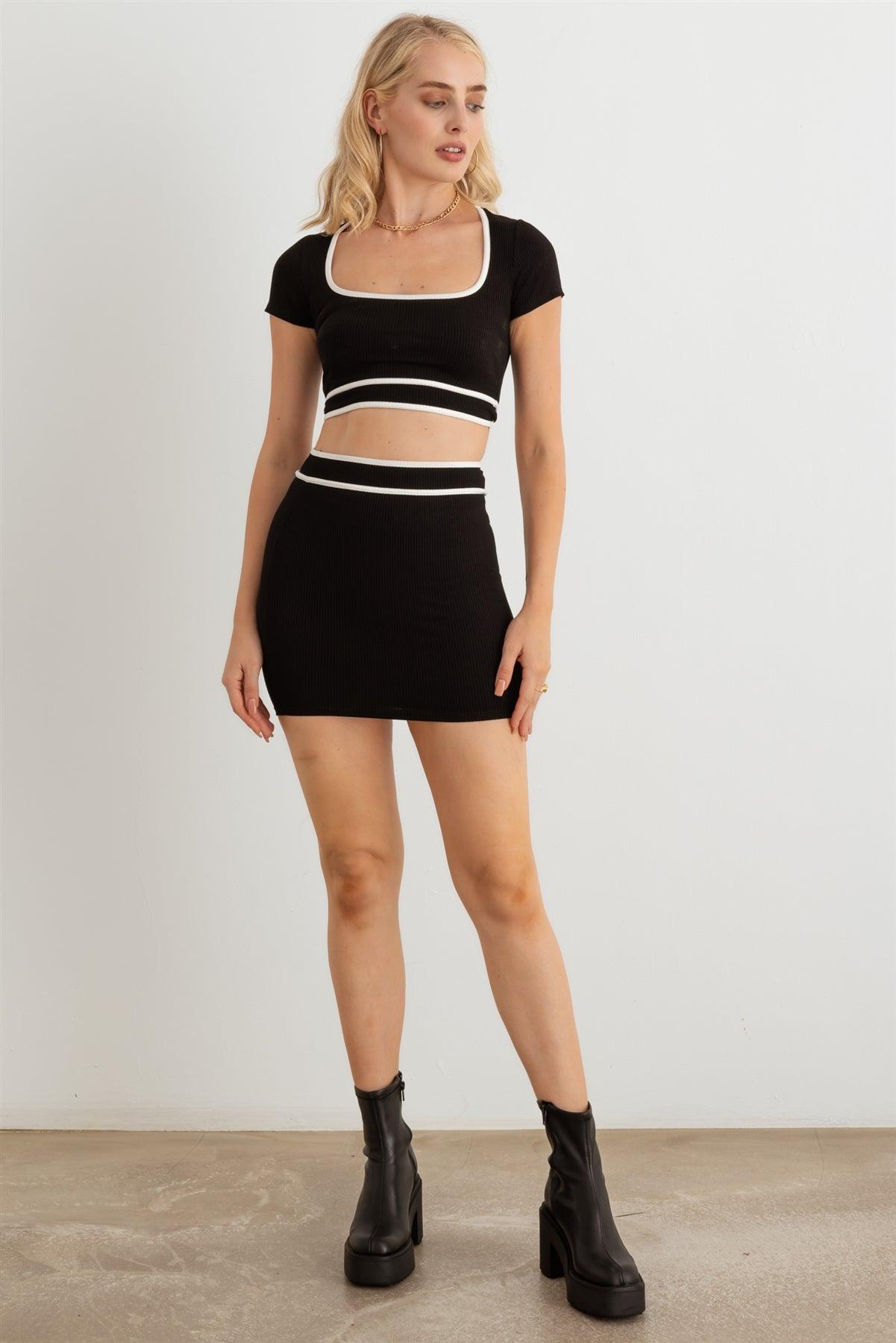 Black & White Ribbed Short Sleeve Crop Top & High Waist Mini Skirt Set /2-2-2