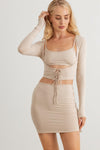 Cream Crop Top & Long Sleeve Tie Cover-Up & Mini Skirt Set /1-1-1