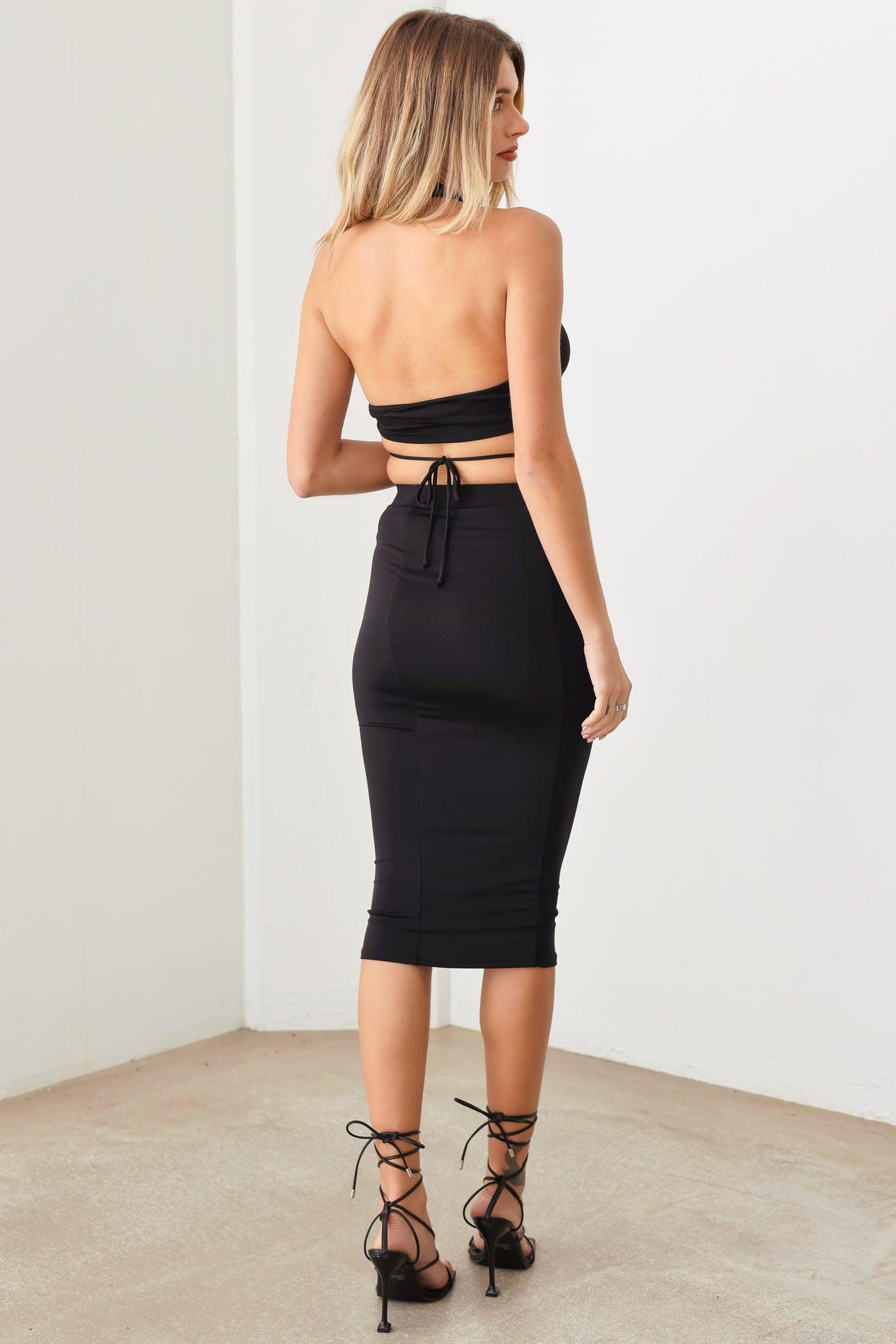 Halter Crop Bra Front Tie Closure Top & Midi Bodycone Elastic Waist Skirt Set - Tasha Apparel Wholesale