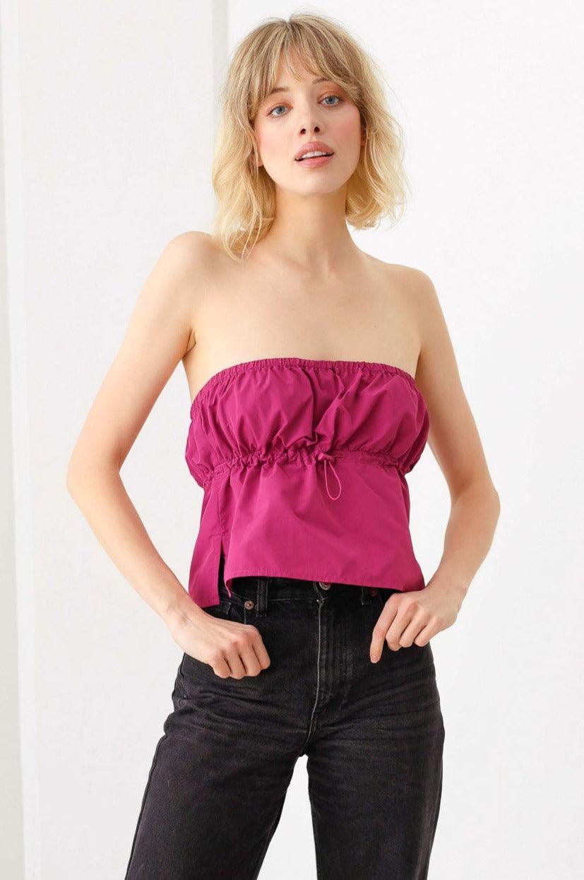 Plain Sexy Straight Neckline Side Slit Front Toggle Drawstring Strapless Crop Top