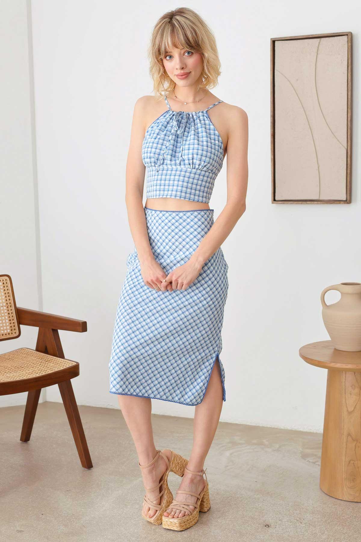 Boho Plaid Adjustable Strap Front Tie Crop Top & Pencil Side Slit Lace Trim Skirt Set - Tasha Apparel Wholesale