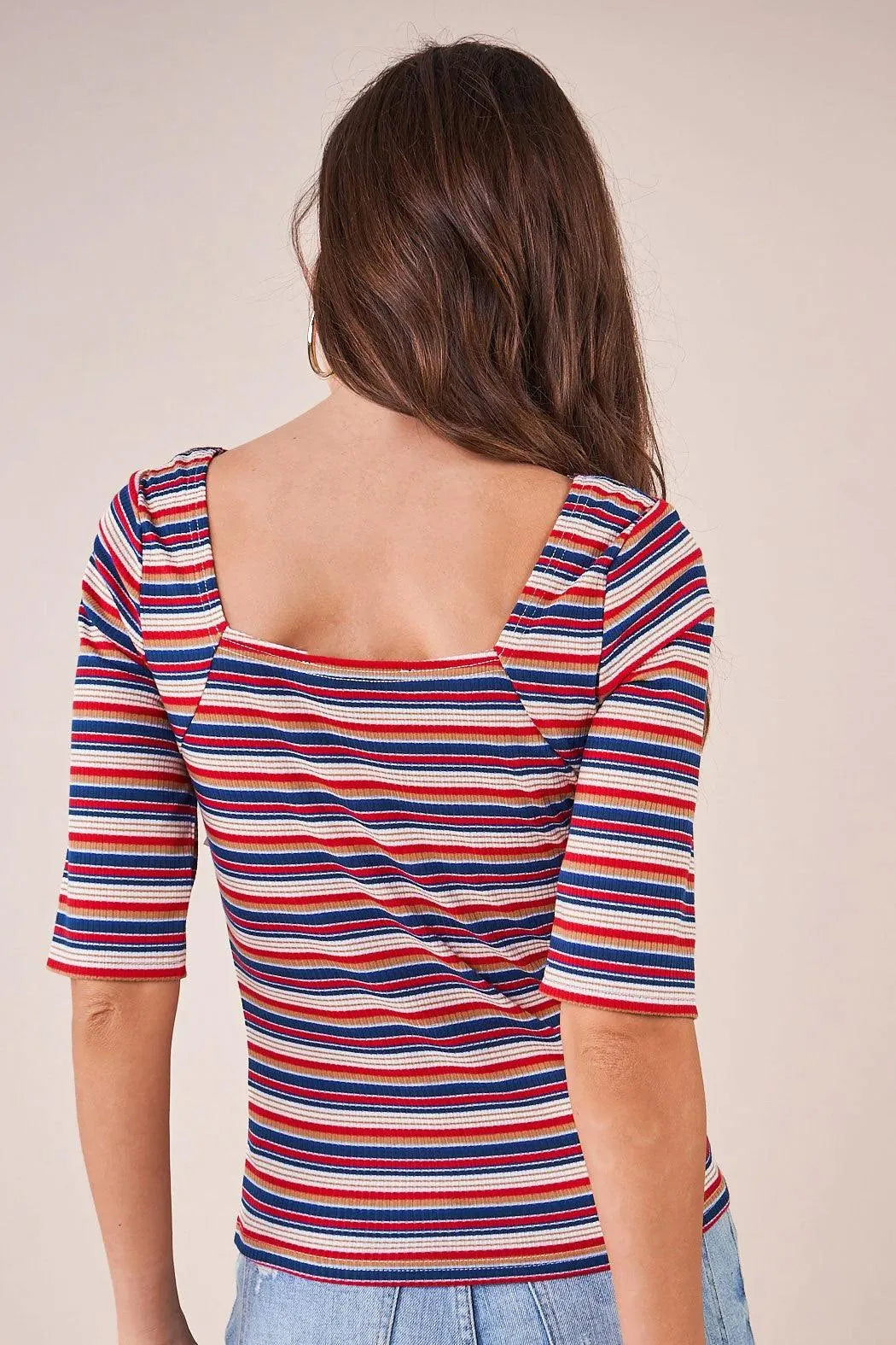 Striped Square Neckline Half Sleeve Rib Knit Top - Tasha Apparel Wholesale
