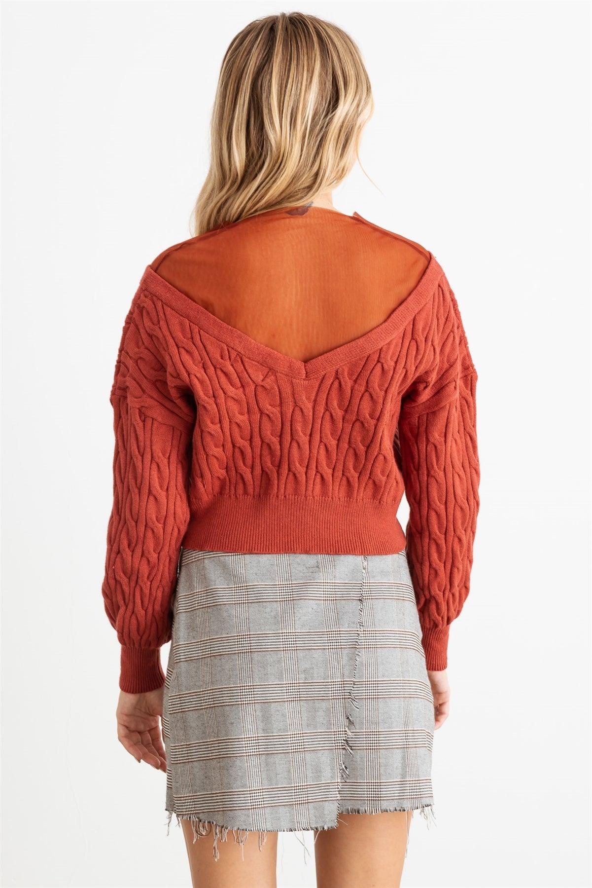 Rust Cable Knit & Mesh Rhinestone Button-Up Sweater/Cardigan back