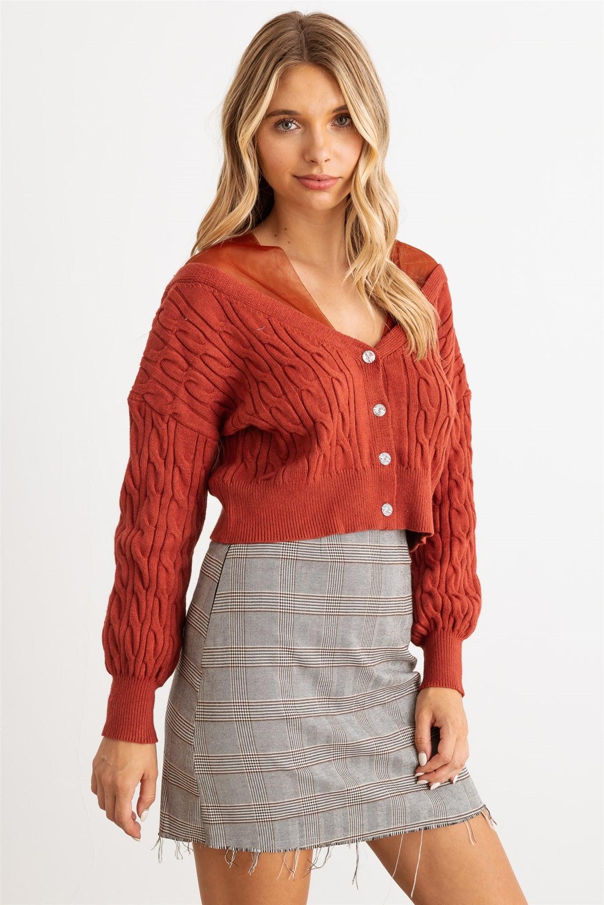 Rust Cable Knit & Mesh Rhinestone Button-Up Sweater/Cardigan side