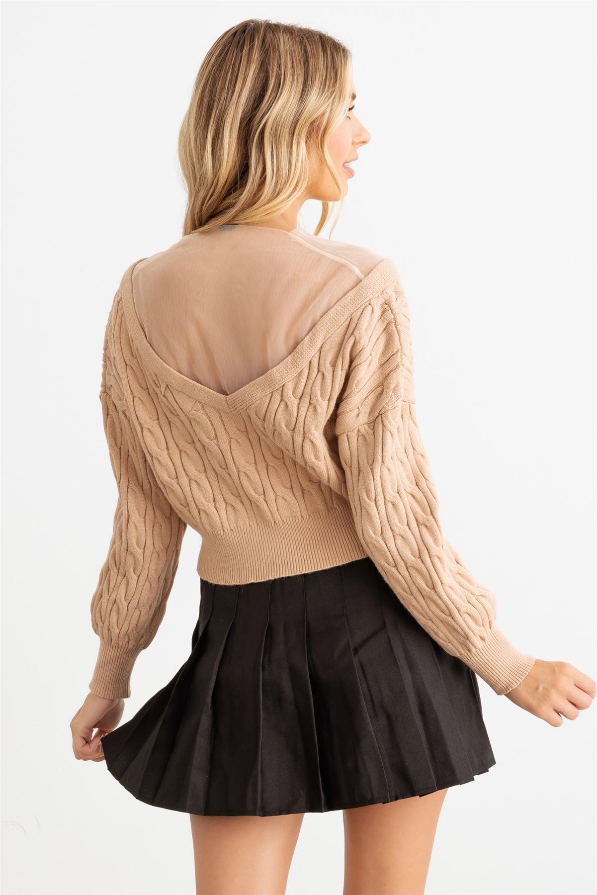 Khaki Cable Knit & Mesh Rhinestone Button-Up Sweater/Cardigan back