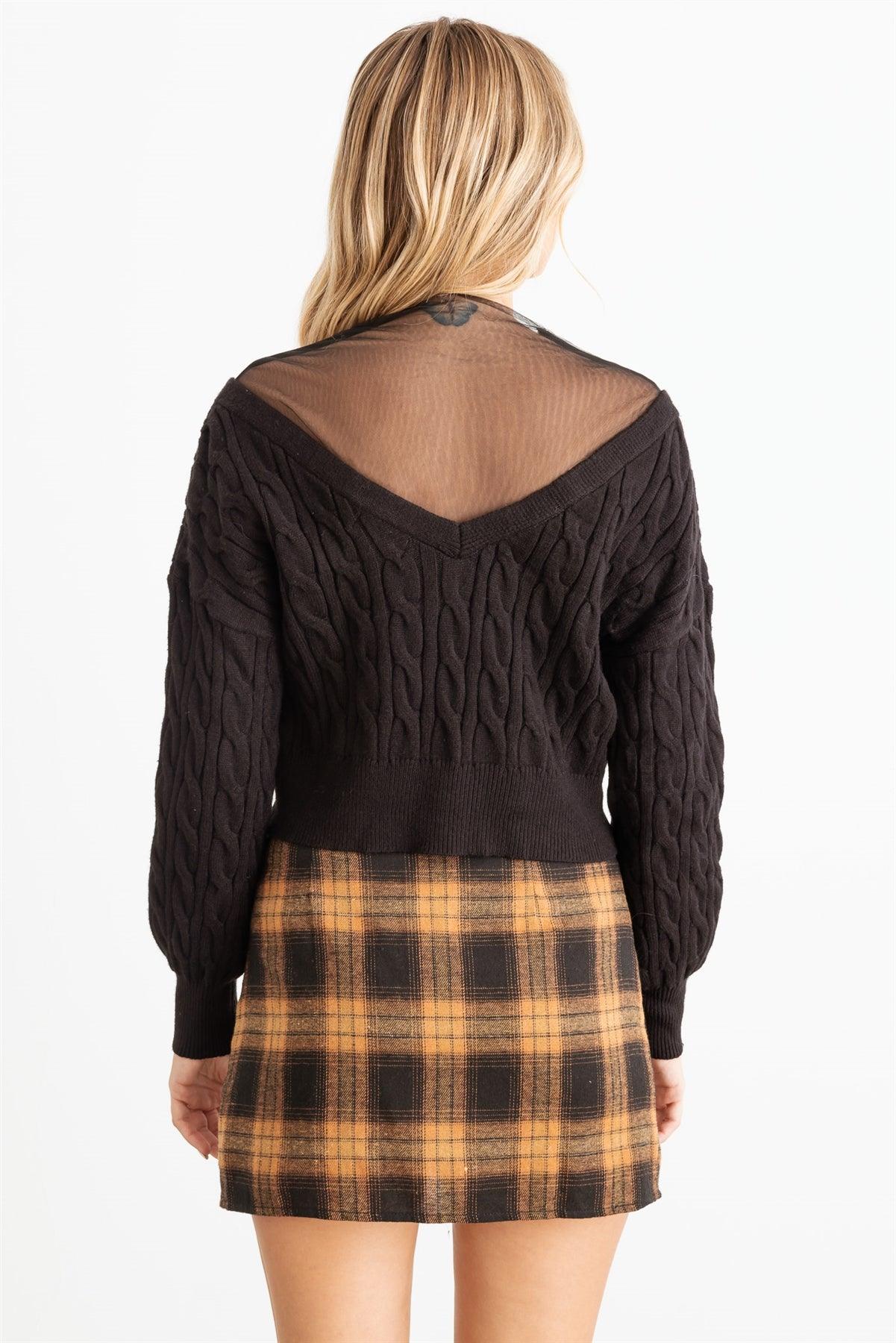 Black Cable Knit & Mesh Rhinestone Button-Up Sweater/Cardigan back