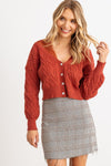 Rust Cable Knit & Mesh Rhinestone Button-Up Sweater/Cardigan front