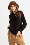 Black Cable Knit One Pocket Long Sleeve Hooded Top /2-2-2