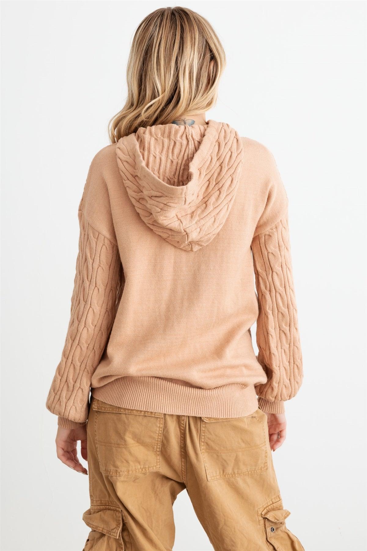 Tan Cable Knit One Pocket Long Sleeve Hooded Top /2-2-2