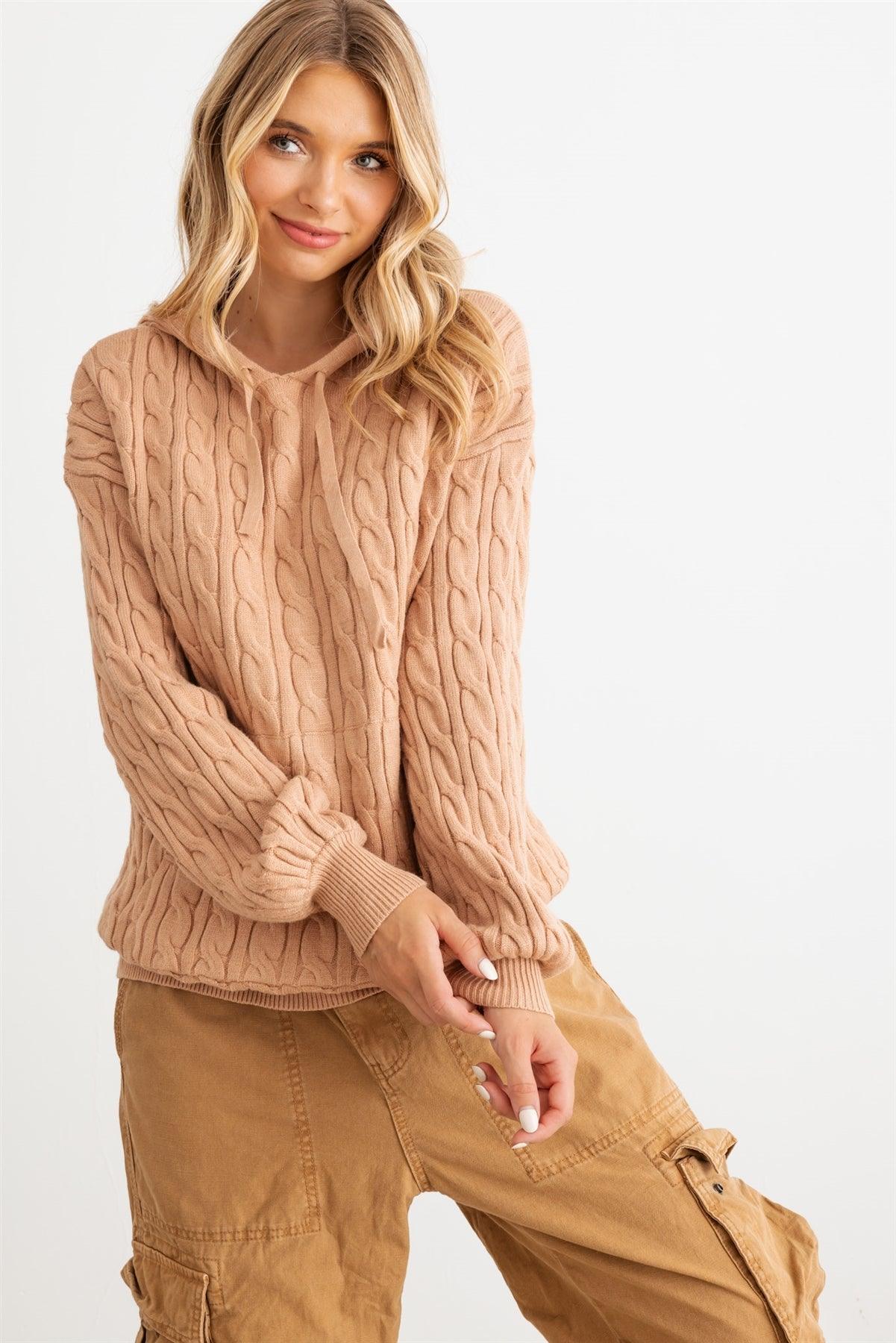 Tan Cable Knit One Pocket Long Sleeve Hooded Top /2-2-2