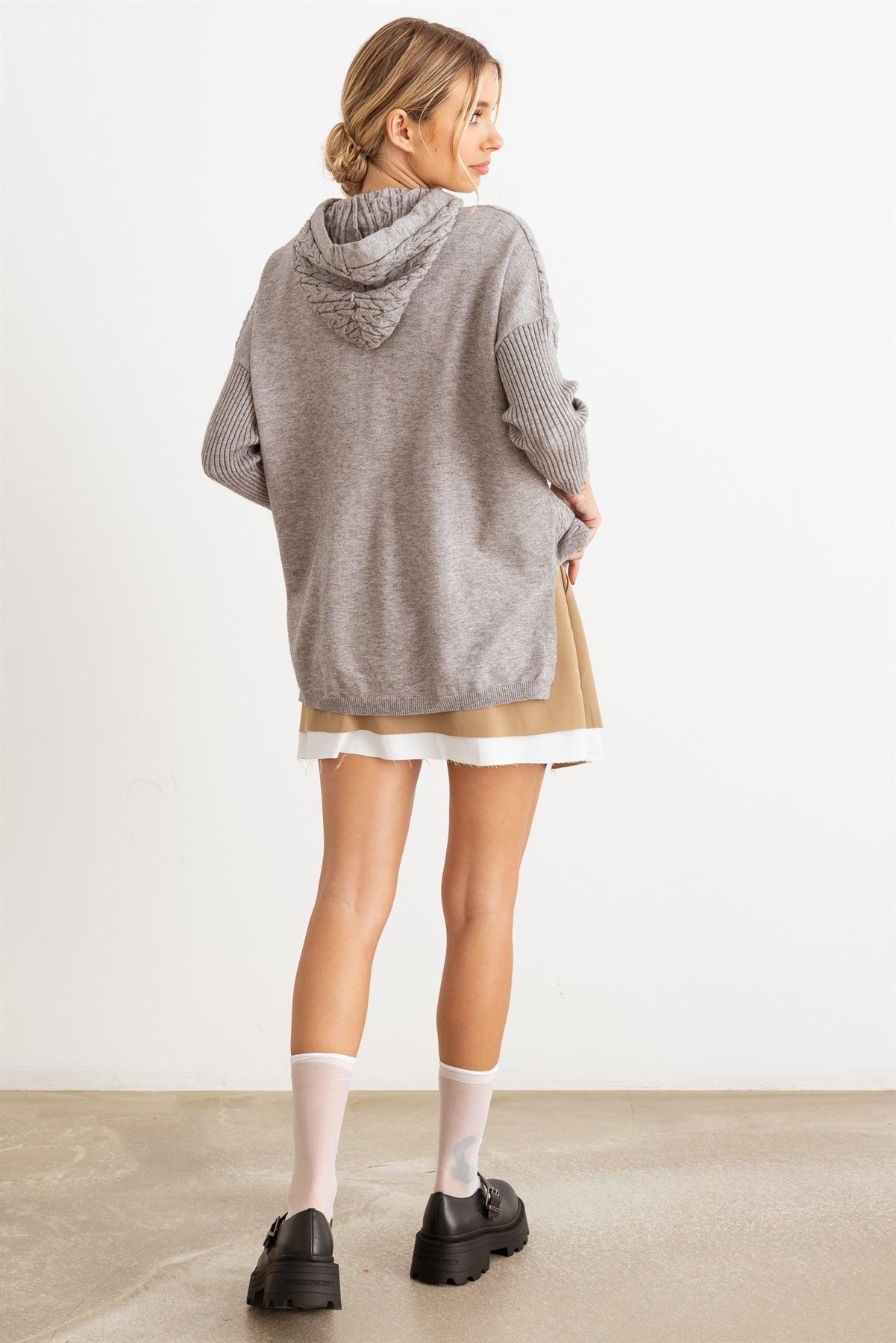 Heather Grey Cable Knit Midi Sleeve Hooded Sweater /2-2-2
