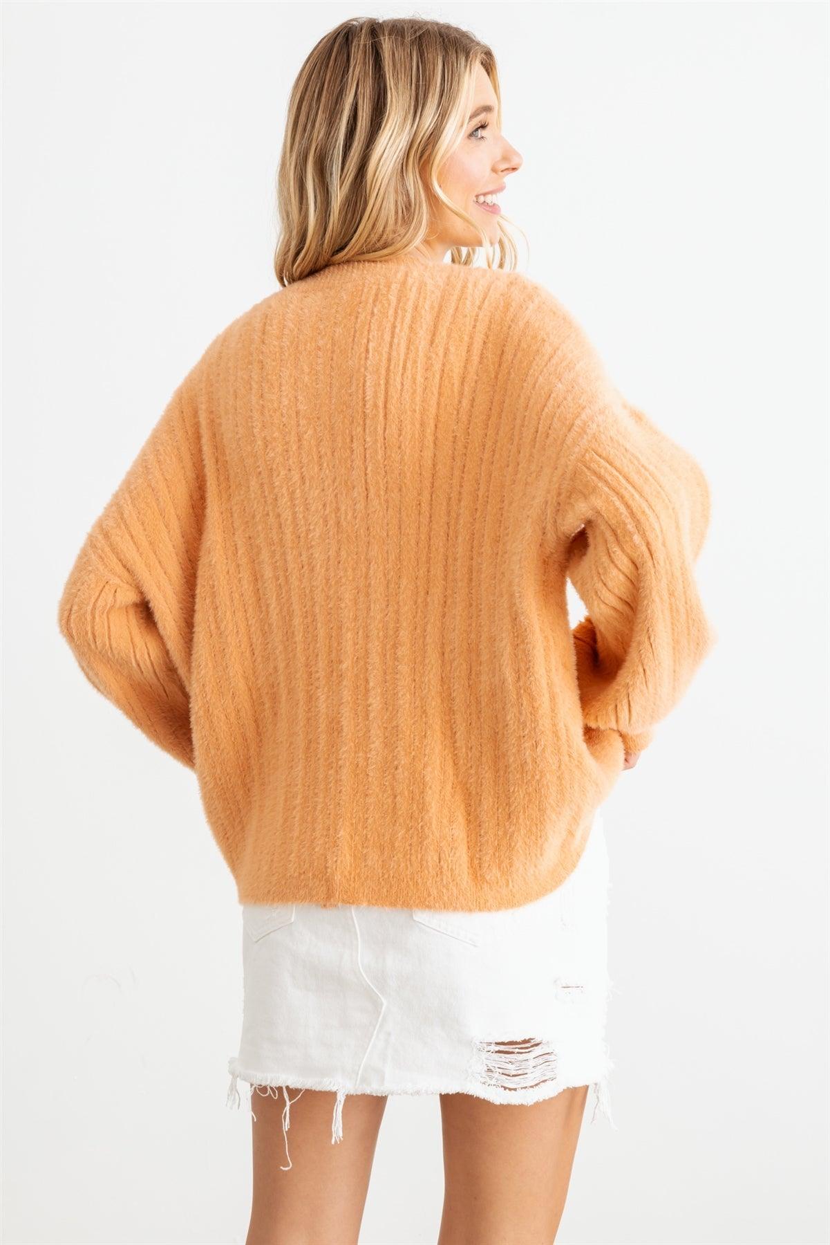 Orange Ribbed Fuzzy Knit Wrap Long Sleeve Sweater/Cardigan /2-2-2