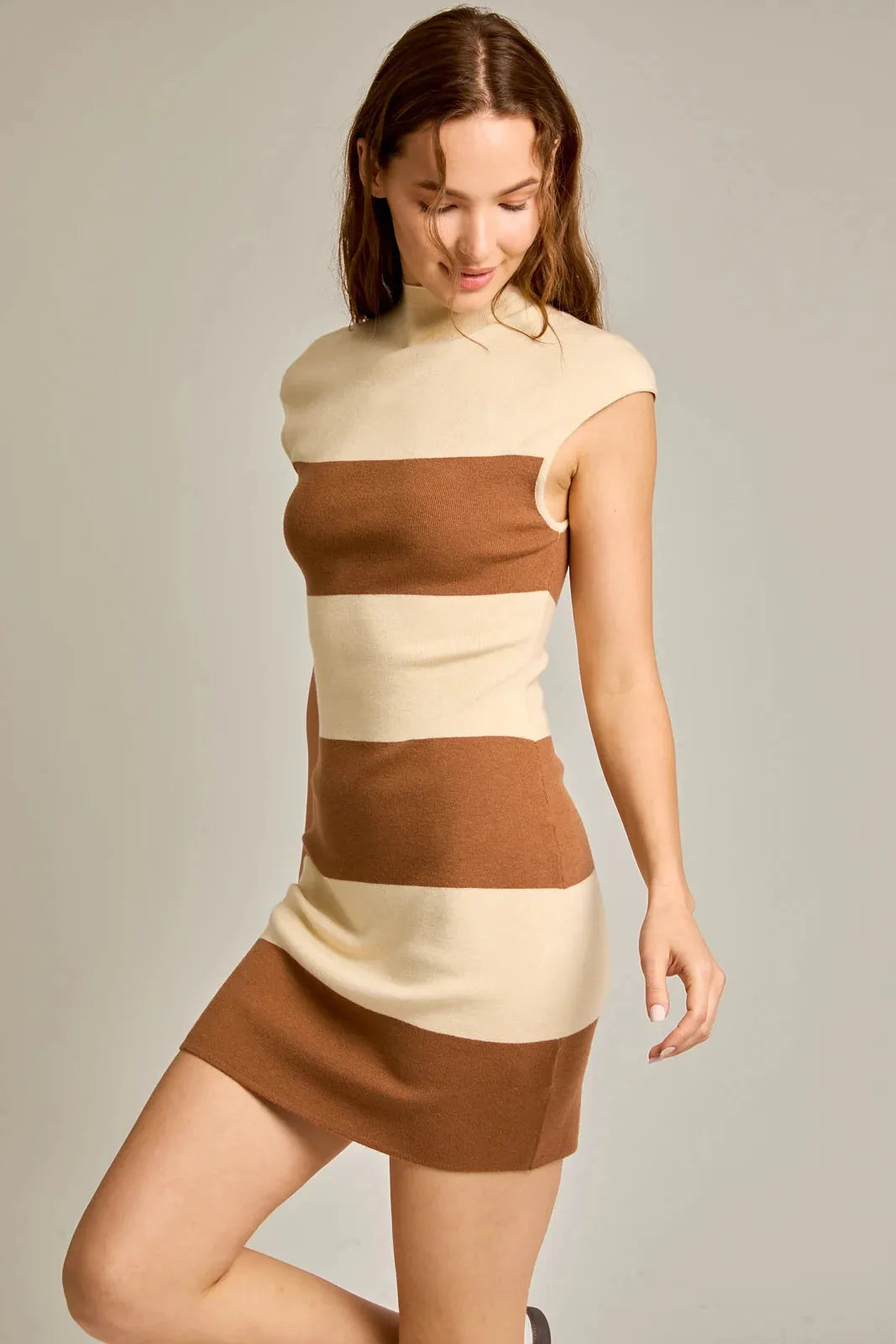 Striped Sleeveless Mock Neck Mini Sweater Dress - Tasha Apparel Wholesale