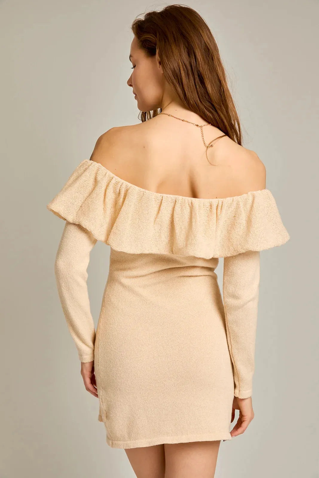 Off The Shoulder Ruffle Long Sleeve Sweater Mini Dress - Tasha Apparel Wholesale