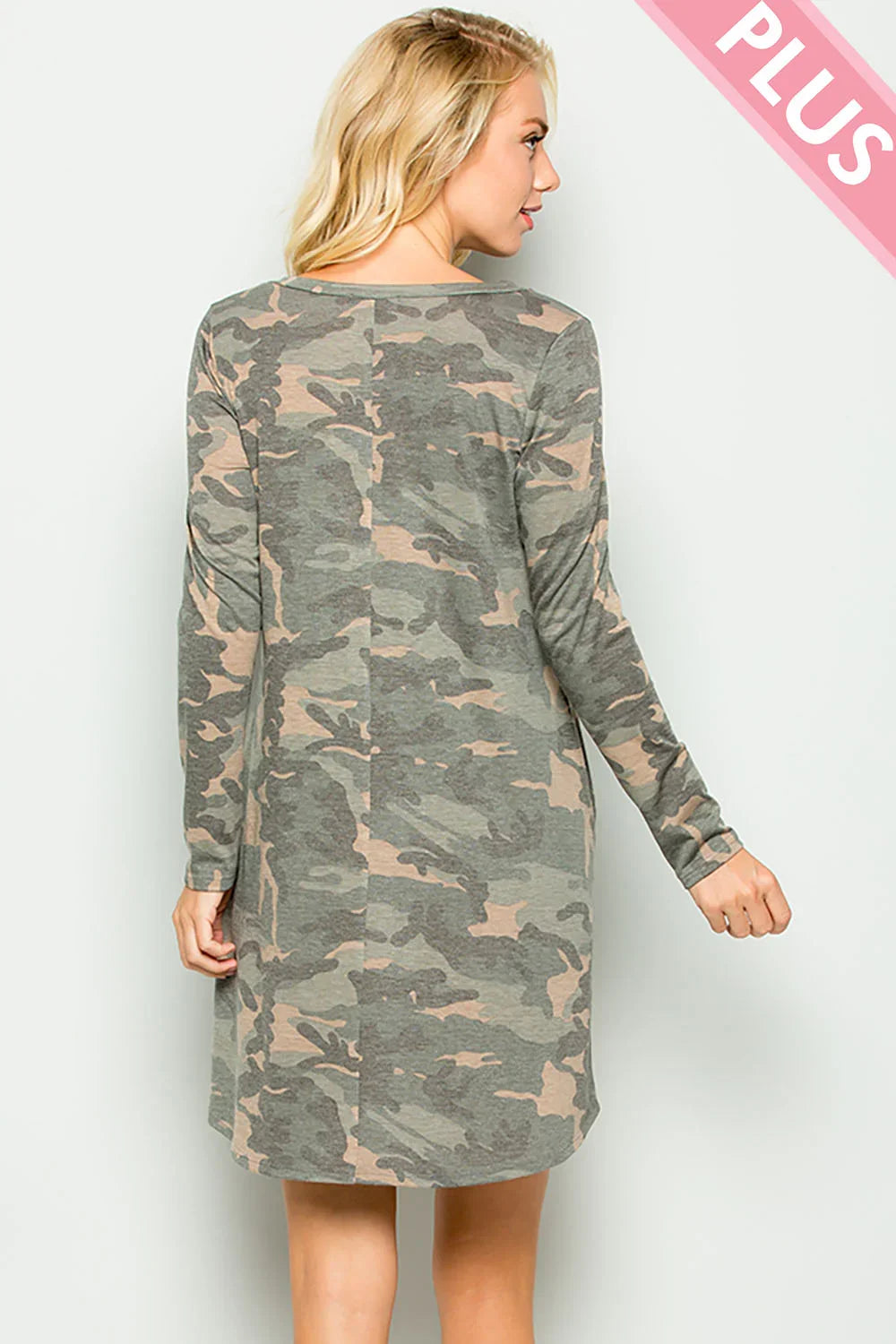 Plus Size Camo Long Sleeve Criss Cross Neckline Jersey Side Pockets Tunic Dress
