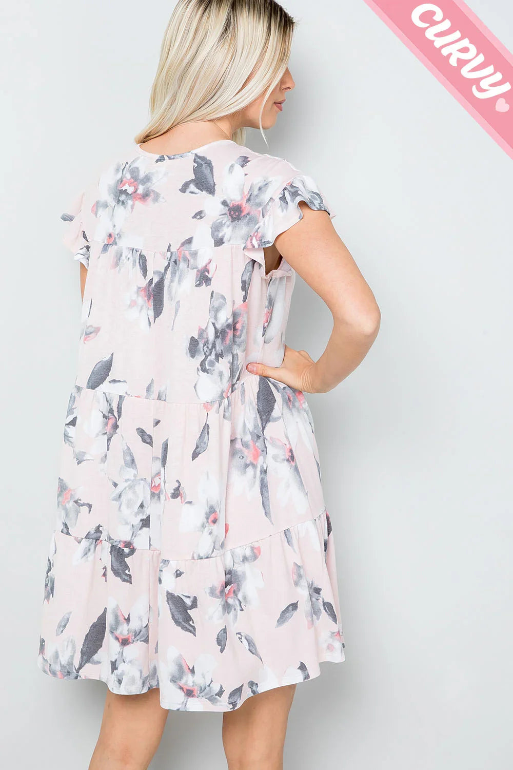 Plus Size Short Sleeve Tiered Ruffle Floral Babydoll Mini Dress