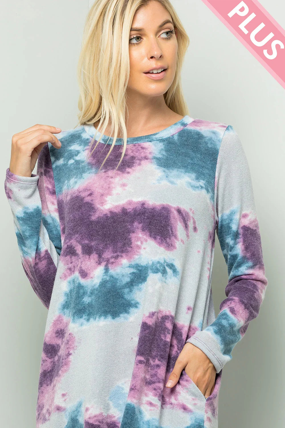 Plus Size Tie Dye Round Neck Long Sleeve Boutique Knit Tunic Dress