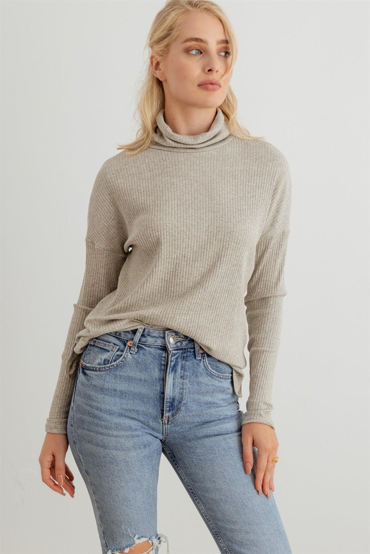 Grey Ribbed Turtle Neck Long Sleeve Top /2-2-2