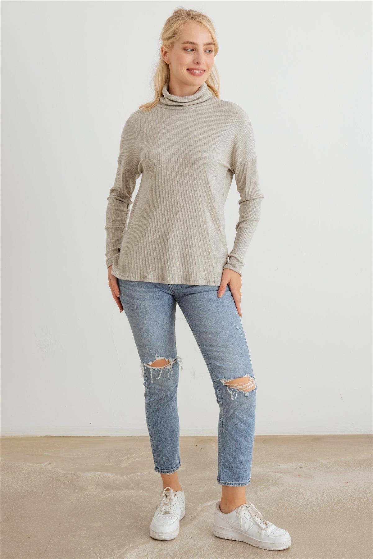 Grey Ribbed Turtle Neck Long Sleeve Top /2-2-2