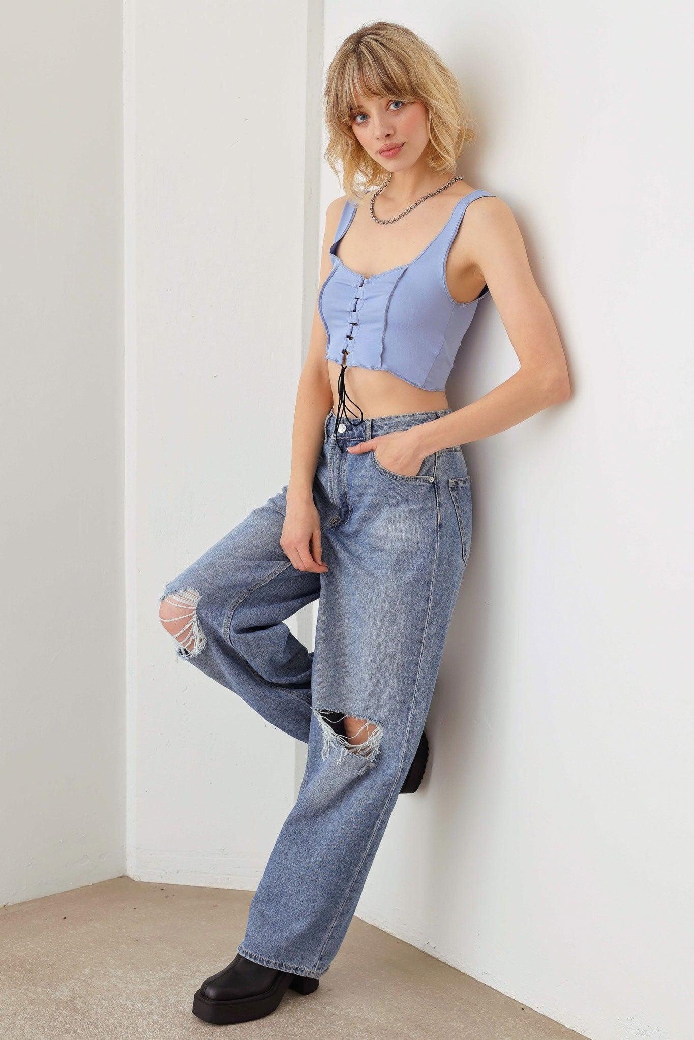 Solid Lace Up Sleeveless Round Neckline Front & Back Crop Top - Tasha Apparel Wholesale
