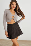 New Grey Ribbed Front Cut-Out Twist Long Sleeve Crop Top /2-2-2