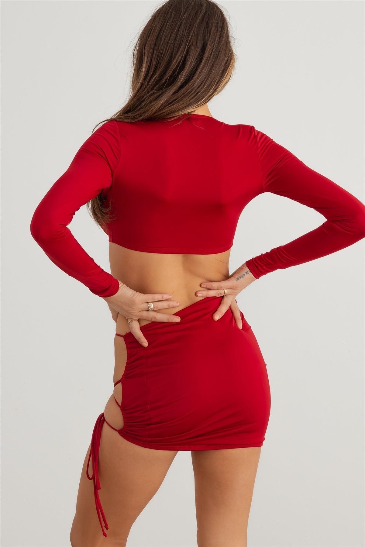 Red Lace-Up Crop Top & High Waist Mini Skirt Sexy Set /2-2-2