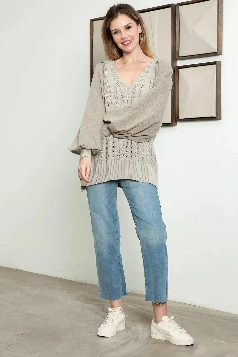 Cozy Chic Cable Knit Long Puff Balloon Sleeve V-Neck Sweater - Tasha Apparel Wholesale