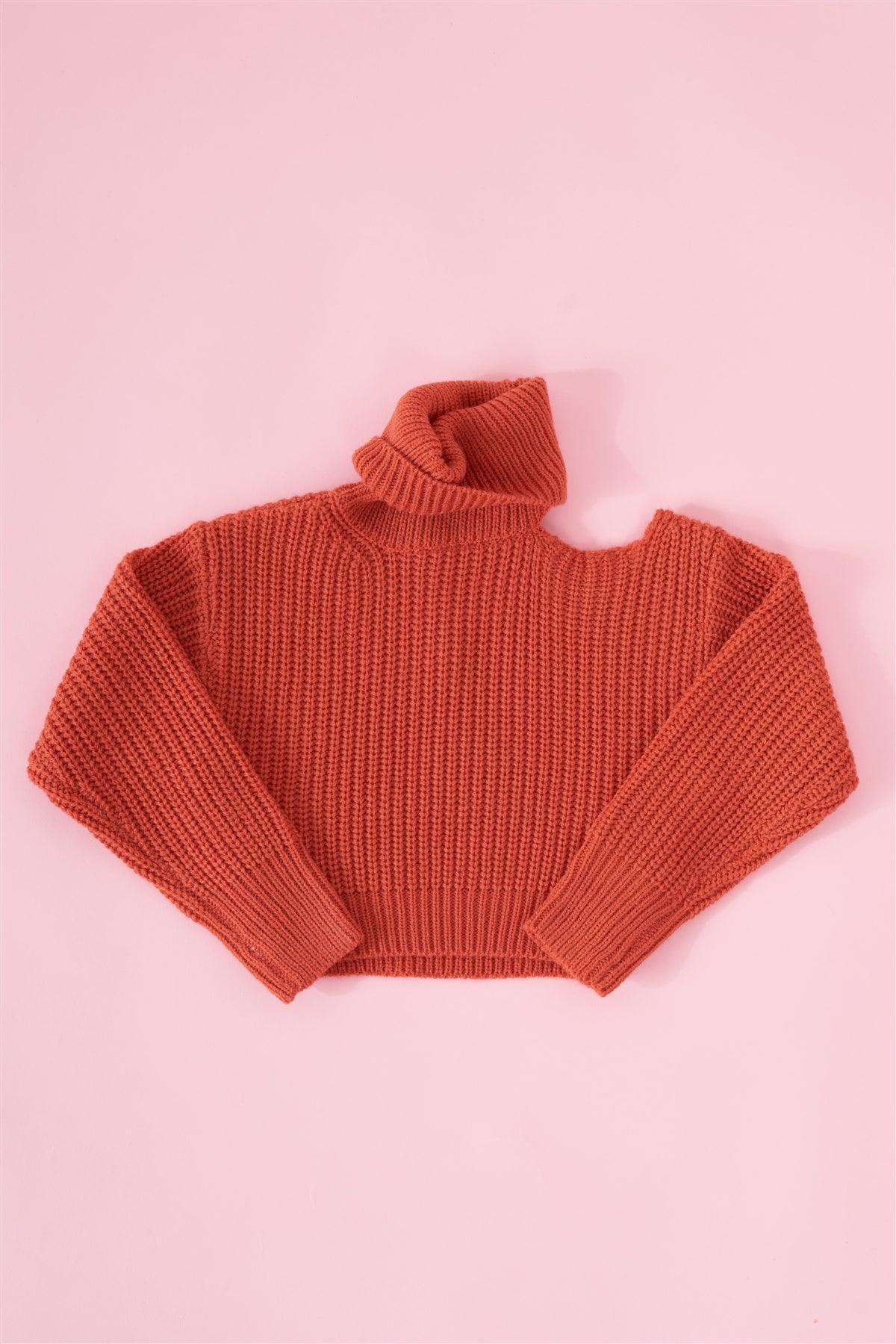 Little Girls Ribbed Knit Cut-Out Shoulder Long Balloon-Y Sleeve Turtleneck Sweater - Tasha Apparel