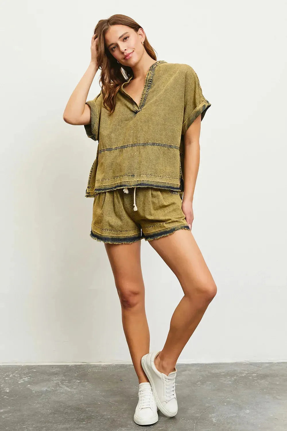 Boho Acid Wash with Frayed Hem Detail V-Neck Top - Tasha Apparel Wholesale