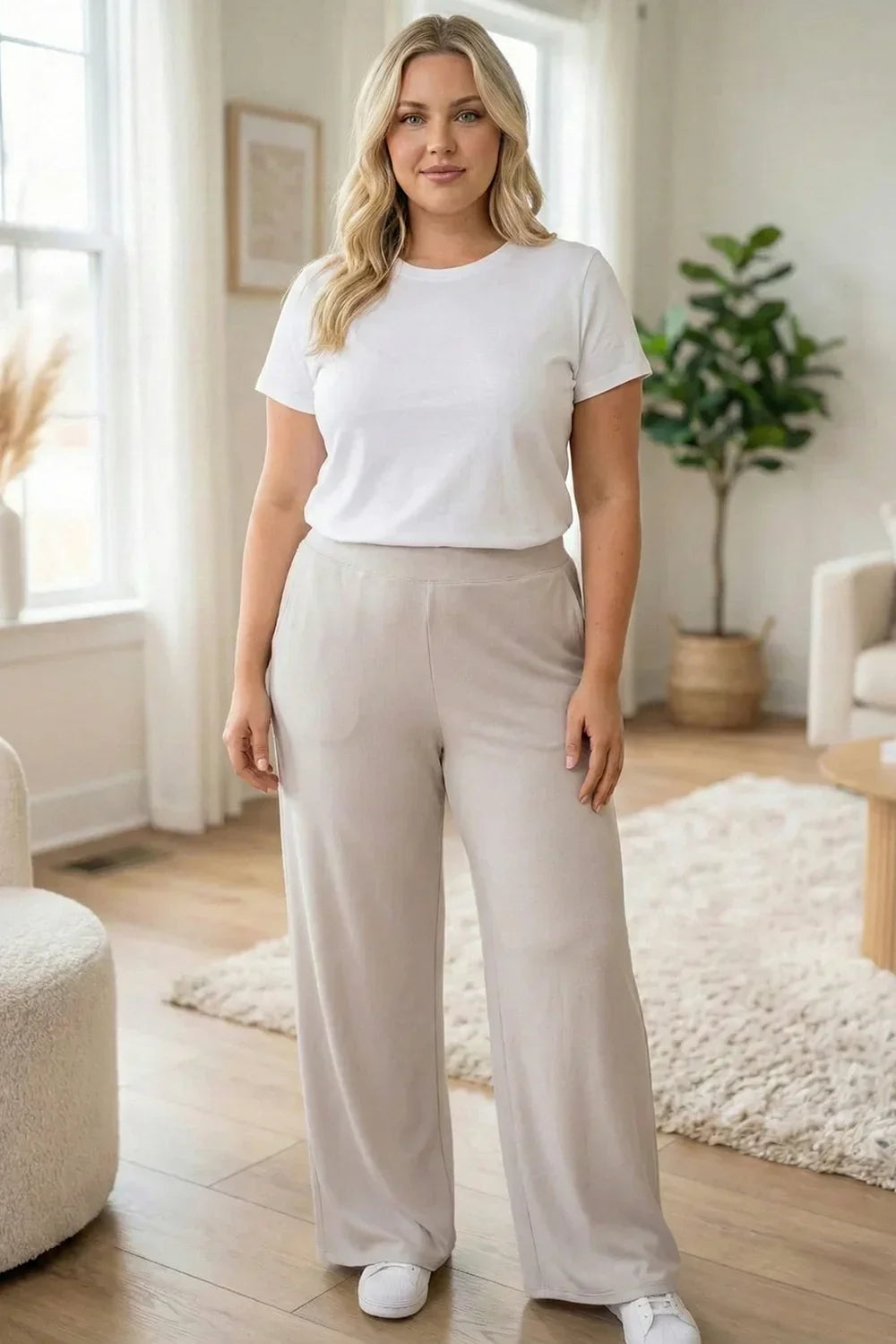 Plus Size Stone Wide Leg Lounge Relaxed Fit High Waisted Boutique Pant