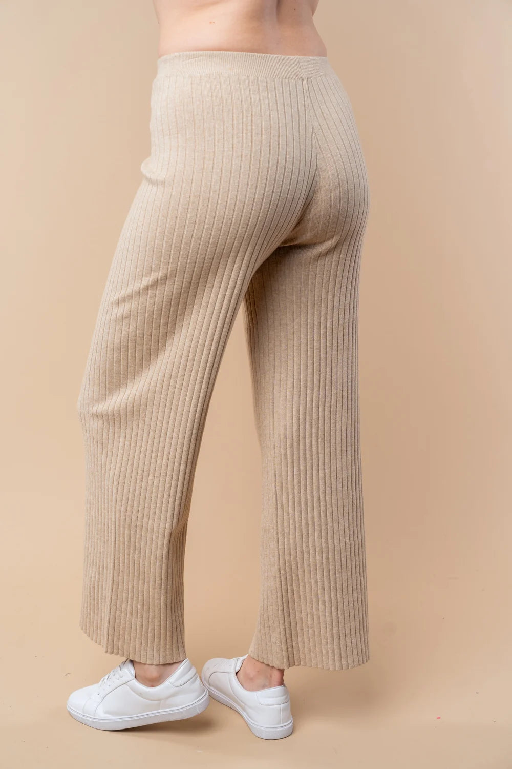 Oatmeal Ribbed Knit Wide Leg Elastic Waist Comfortable Lounge Pants