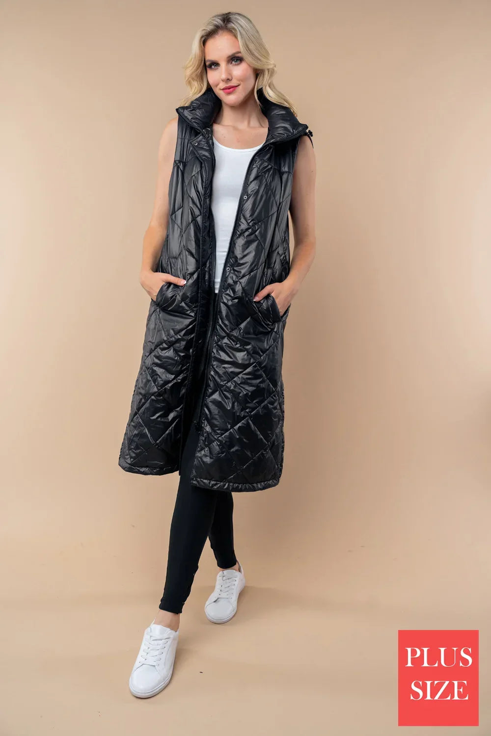 Plus Size Longline Quilted Puffer Vest Black Sleeveless Hooded Winter Jacket - Tasha Apparel Wholesale